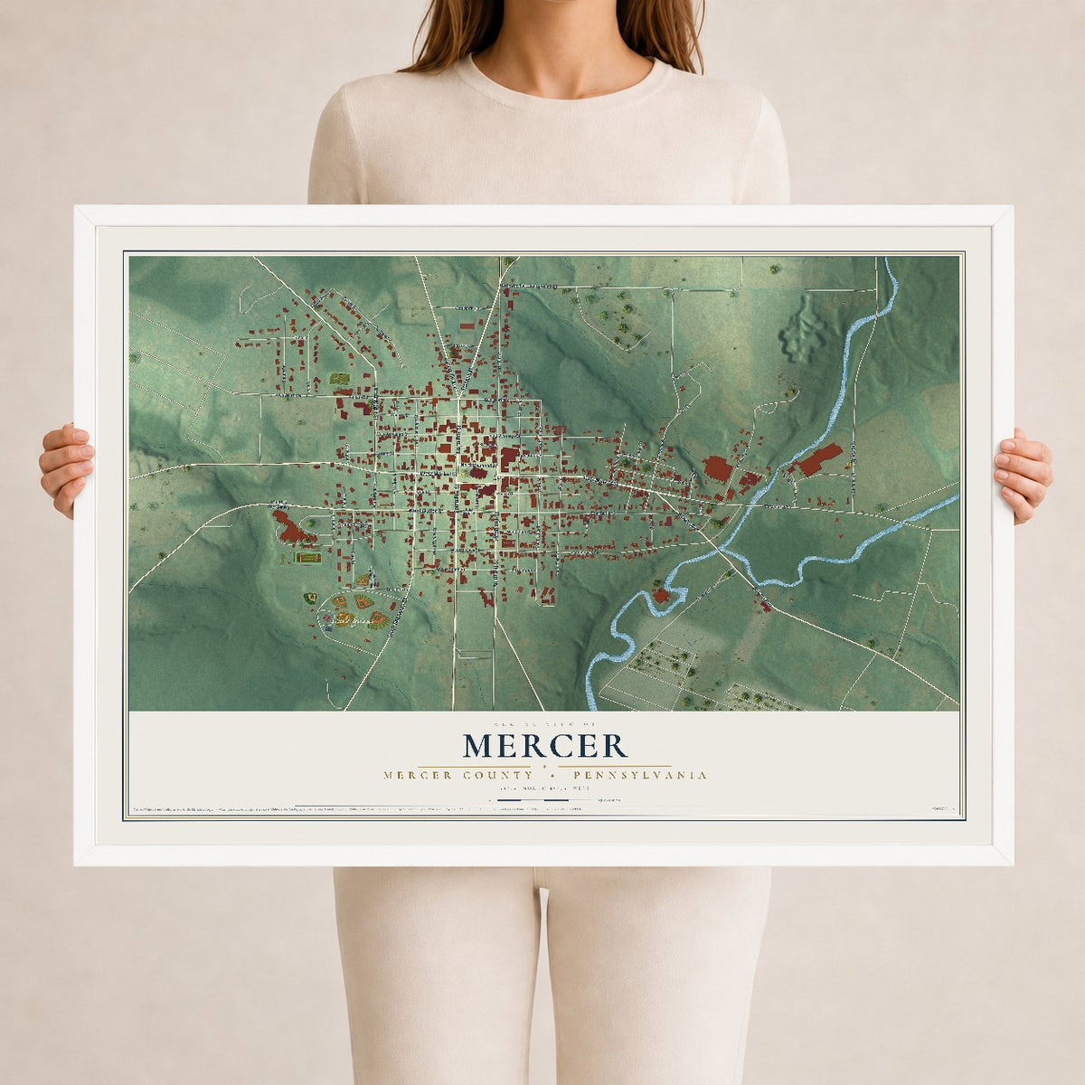 Map of Mercer, Mercer County, Pennsylvania, 24 x 36 inch print in a white wood frame