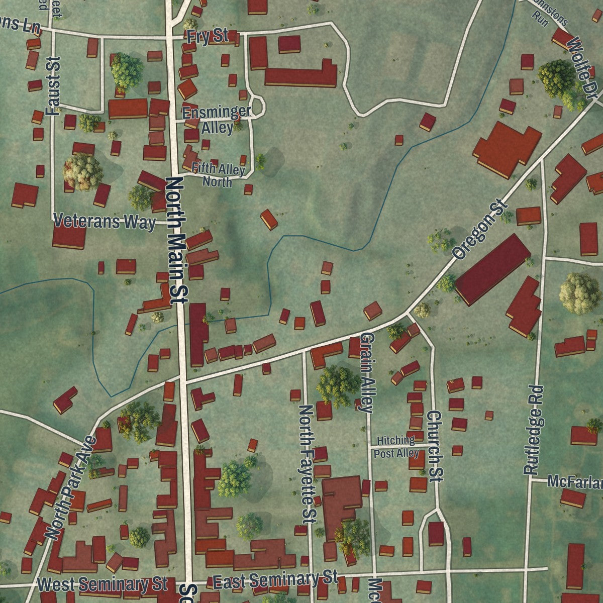 Close-up of the map of Mercersburg, Pennsylvania print showing street and building detail