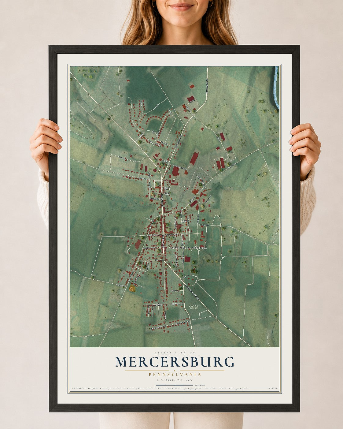 Map of Mercersburg, Pennsylvania, 24 x 36 inch print in a black wood frame