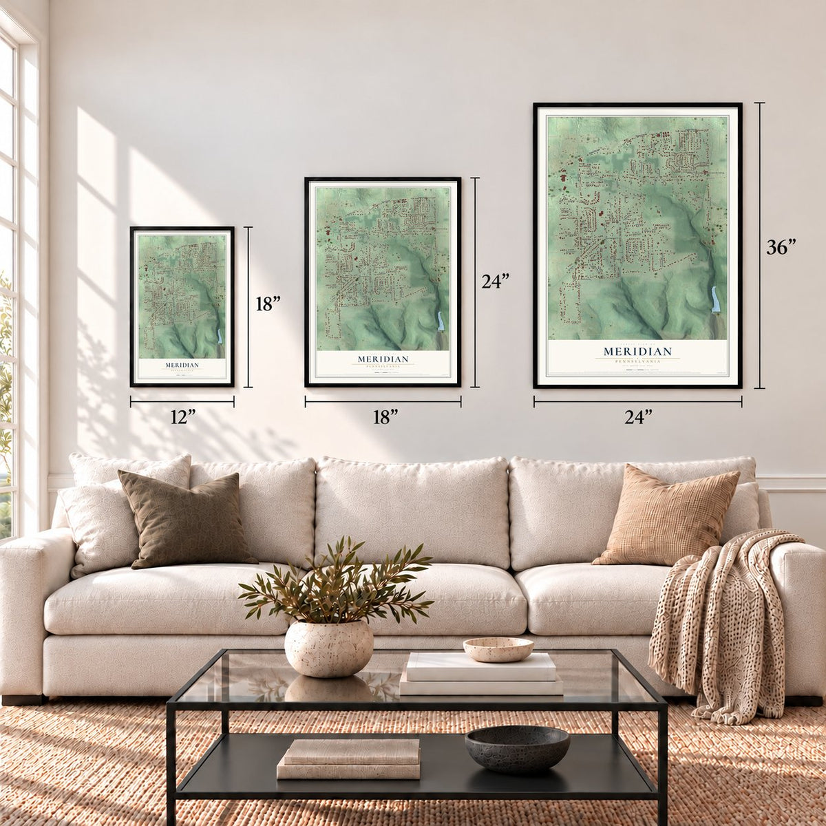 Meridian, Pennsylvania map in 12 x 18, 18 x 24 and 24 x 36 inch sizes above a sofa