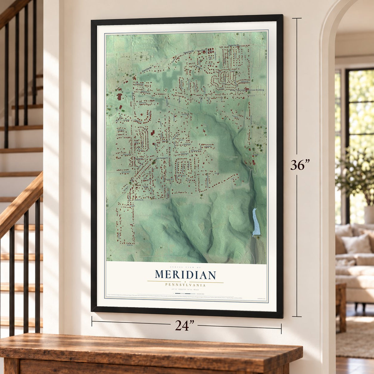 Meridian, Pennsylvania map, 24 x 36 inch print in a black frame by a staircase