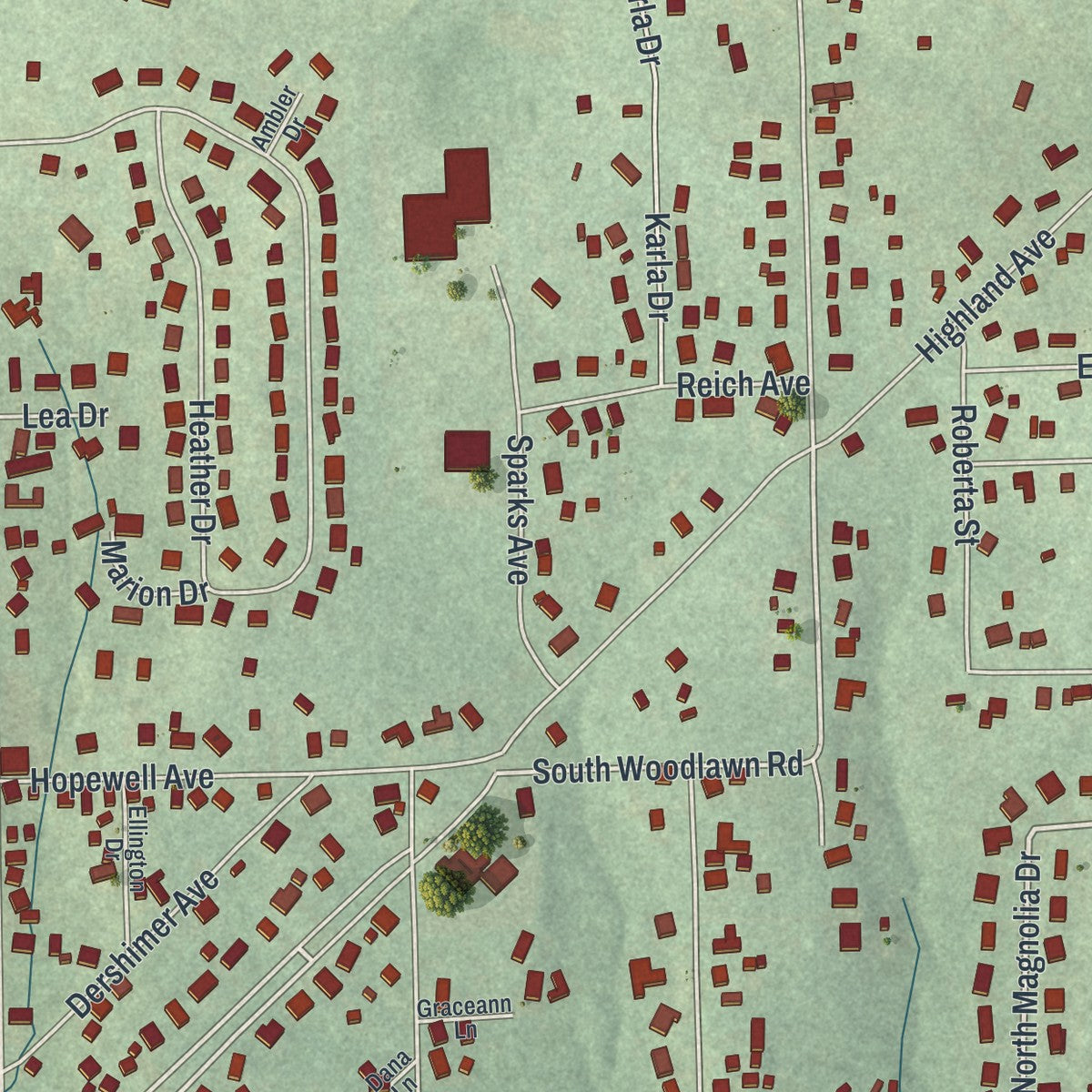 Close-up of the map of Meridian, Pennsylvania print showing street and building detail