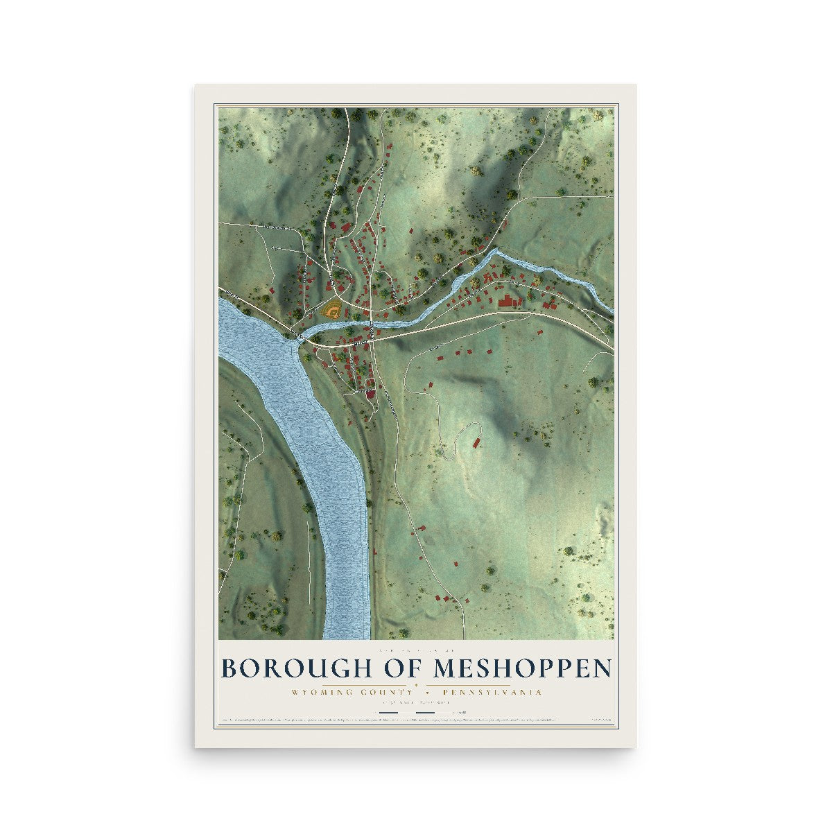 Map of the Borough of Meshoppen, Wyoming County, Pennsylvania, 12 x 18 inch unframed archival matte print