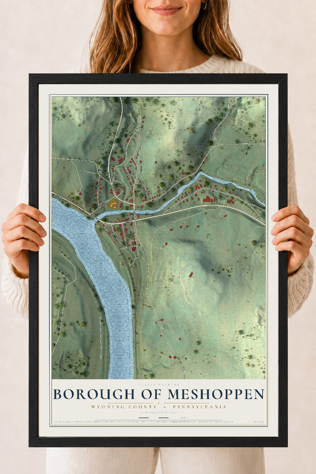 Map of the Borough of Meshoppen, Wyoming County, Pennsylvania, 18 x 24 inch print in a black wood frame