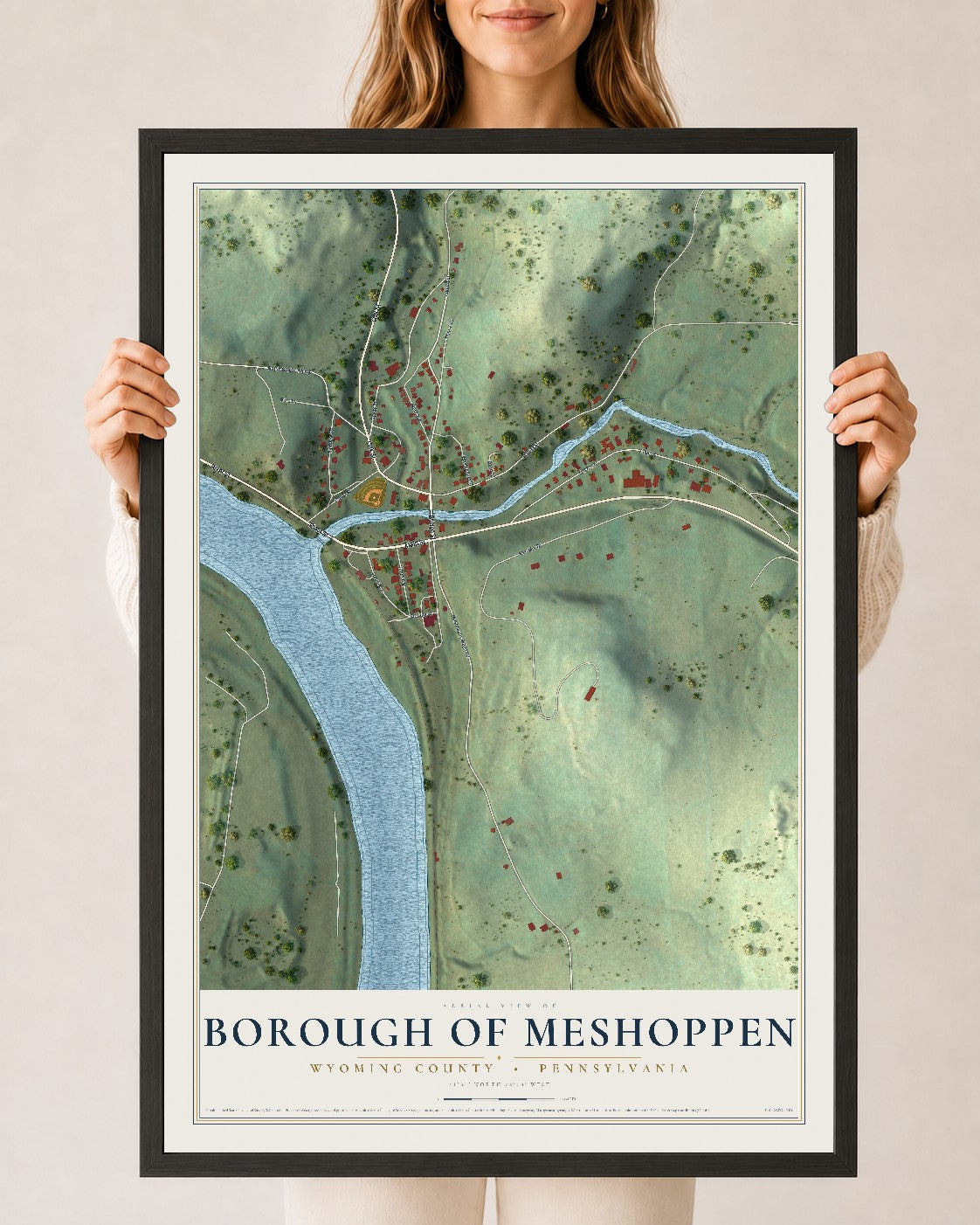 Map of the Borough of Meshoppen, Wyoming County, Pennsylvania, 24 x 36 inch print in a black wood frame