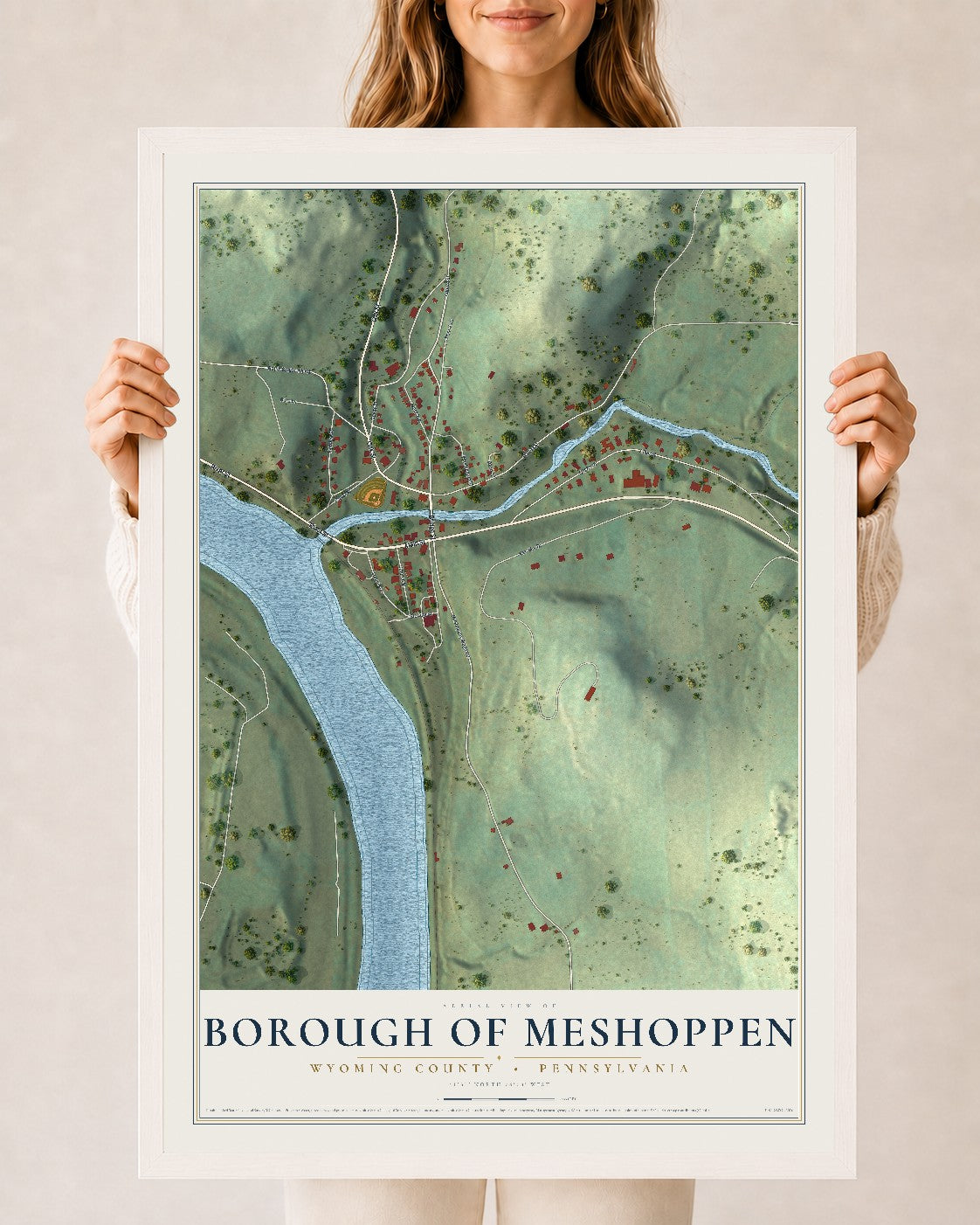 Map of the Borough of Meshoppen, Wyoming County, Pennsylvania, 24 x 36 inch print in a white wood frame