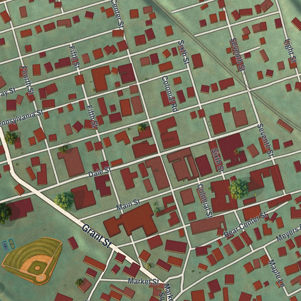 Close-up of the map of Meyersdale, Pennsylvania print showing street and building detail