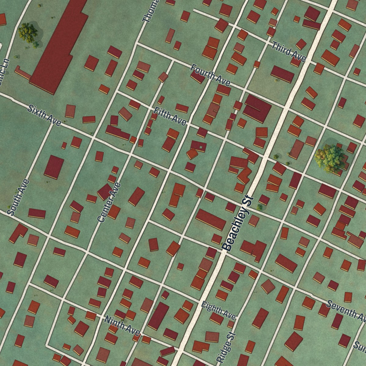 Second close-up of the map of Meyersdale, Pennsylvania print showing more streets and buildings