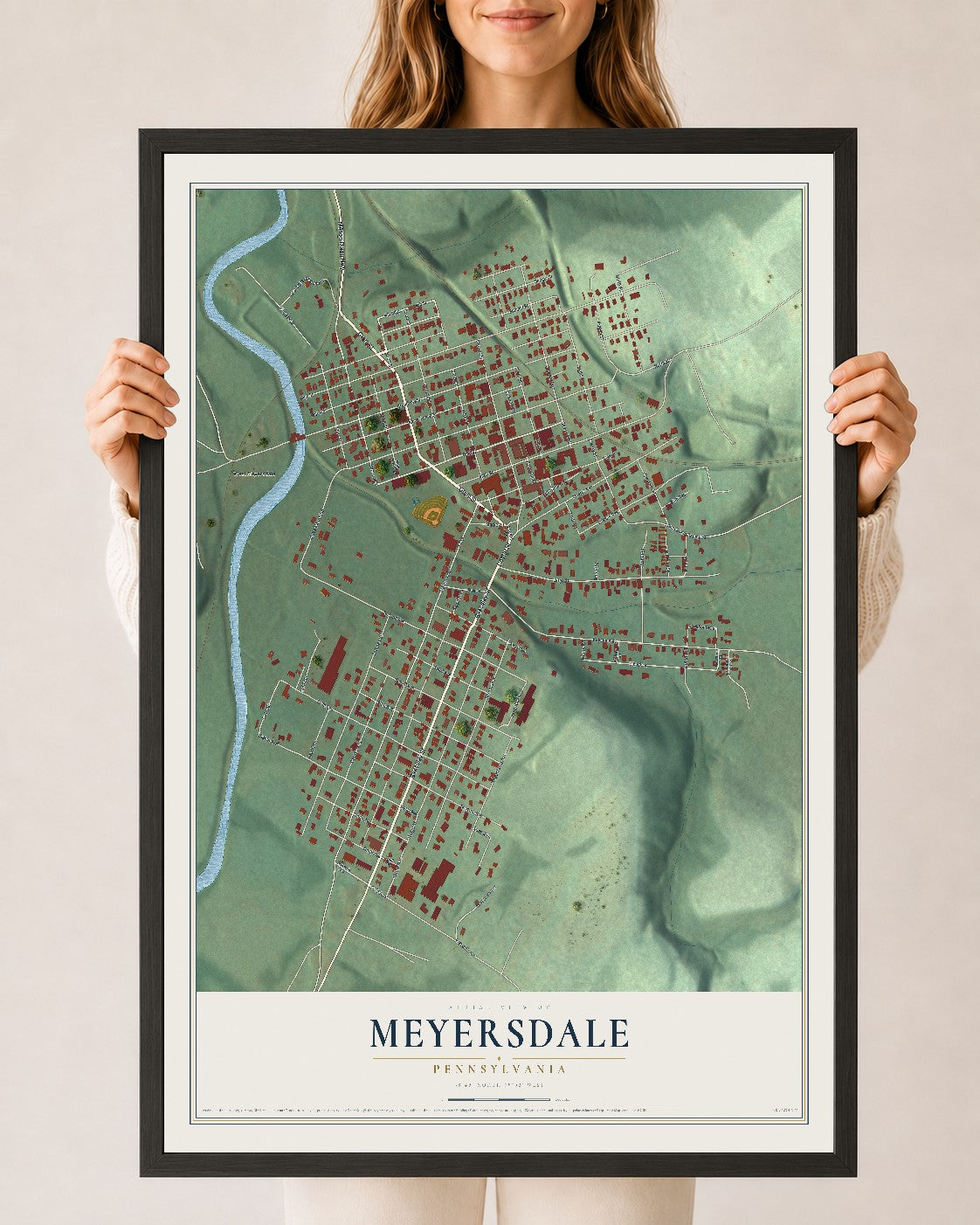Map of Meyersdale, Pennsylvania, 24 x 36 inch print in a black wood frame