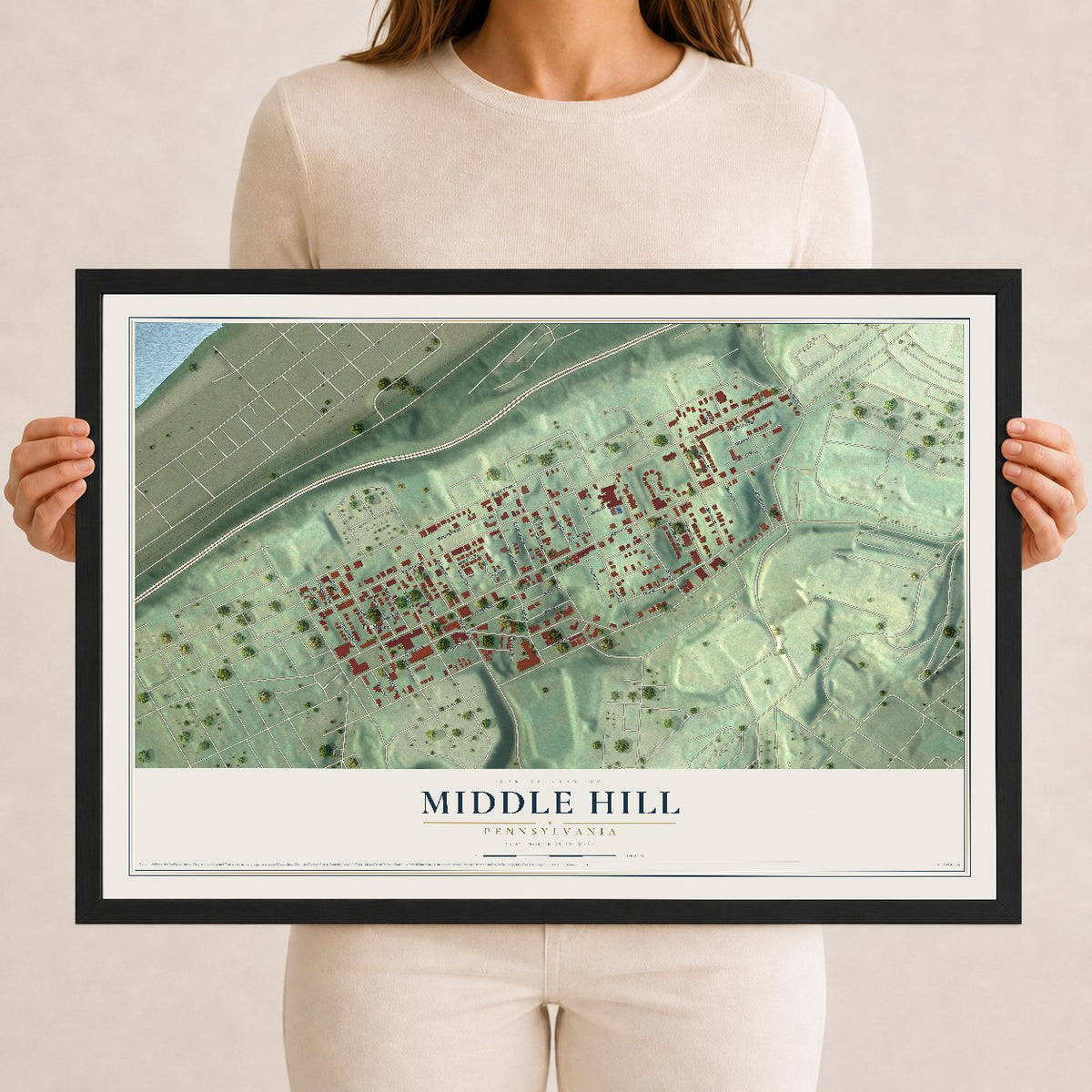 Map of Middle Hill, Pennsylvania, 12 x 18 inch print in a black wood frame