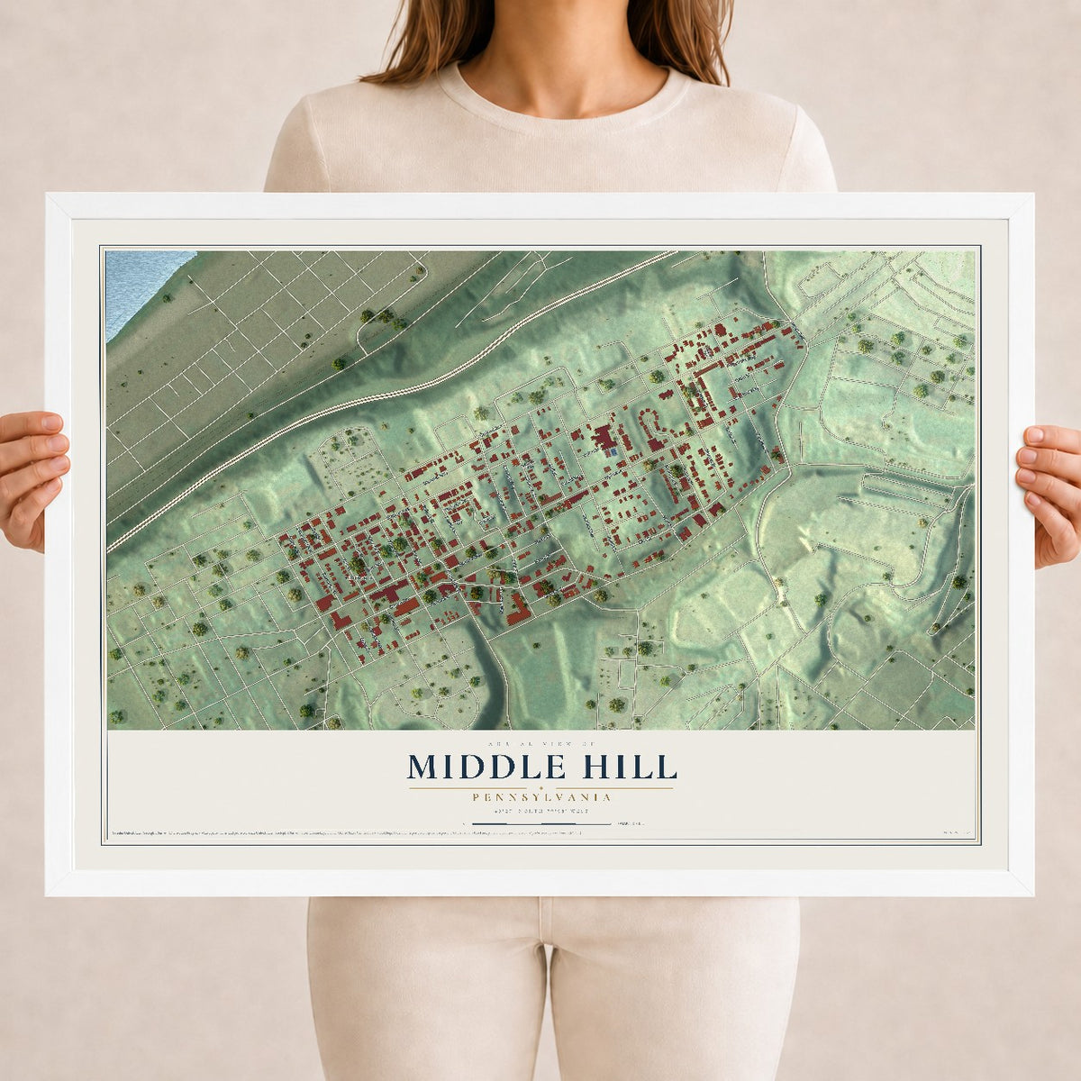 Map of Middle Hill, Pennsylvania, 18 x 24 inch print in a white wood frame