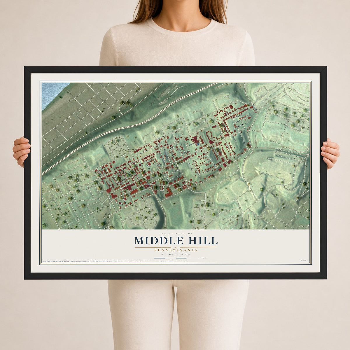 Map of Middle Hill, Pennsylvania, 24 x 36 inch print in a black wood frame