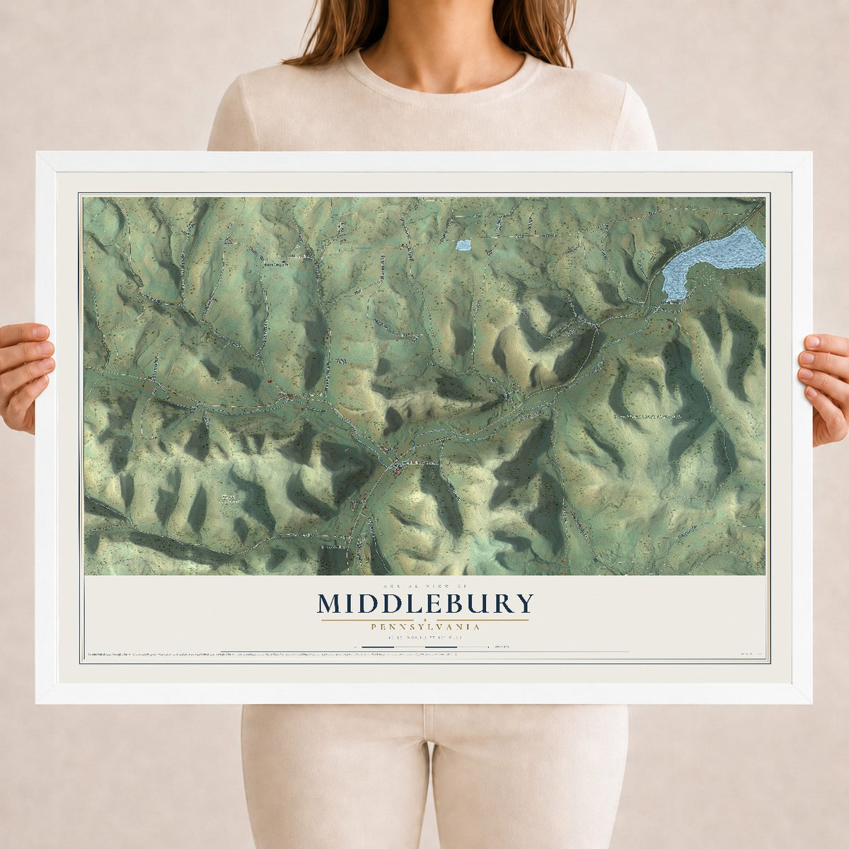 Map of Middlebury, Pennsylvania, 18 x 24 inch print in a white wood frame