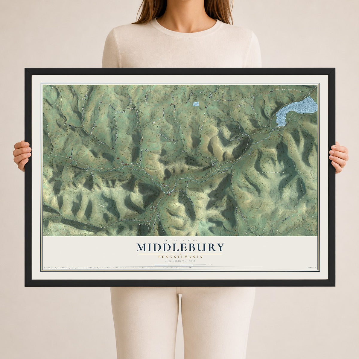 Map of Middlebury, Pennsylvania, 24 x 36 inch print in a black wood frame