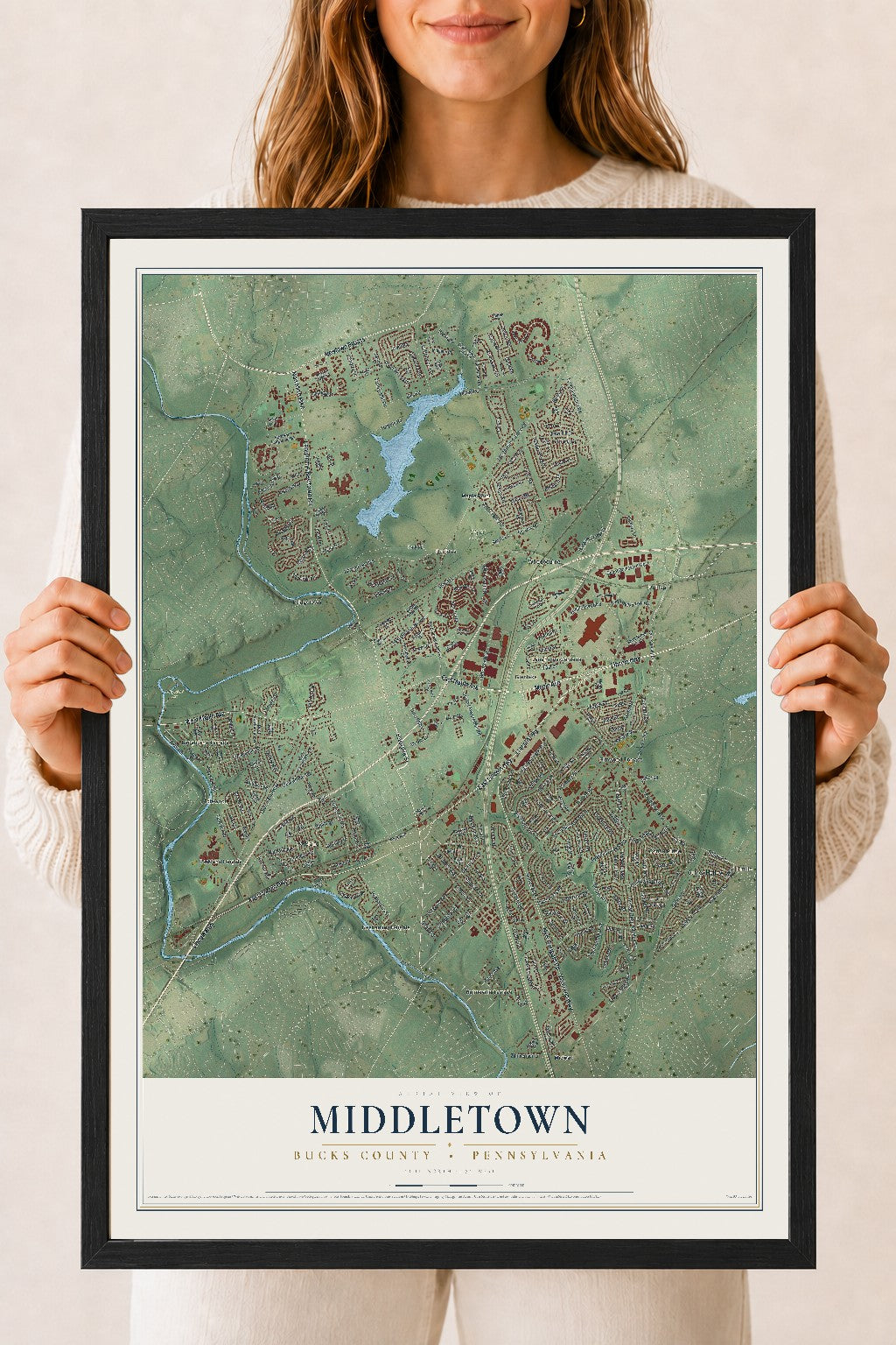 Map of Middletown, Bucks County, Pennsylvania, 18 x 24 inch print in a black wood frame