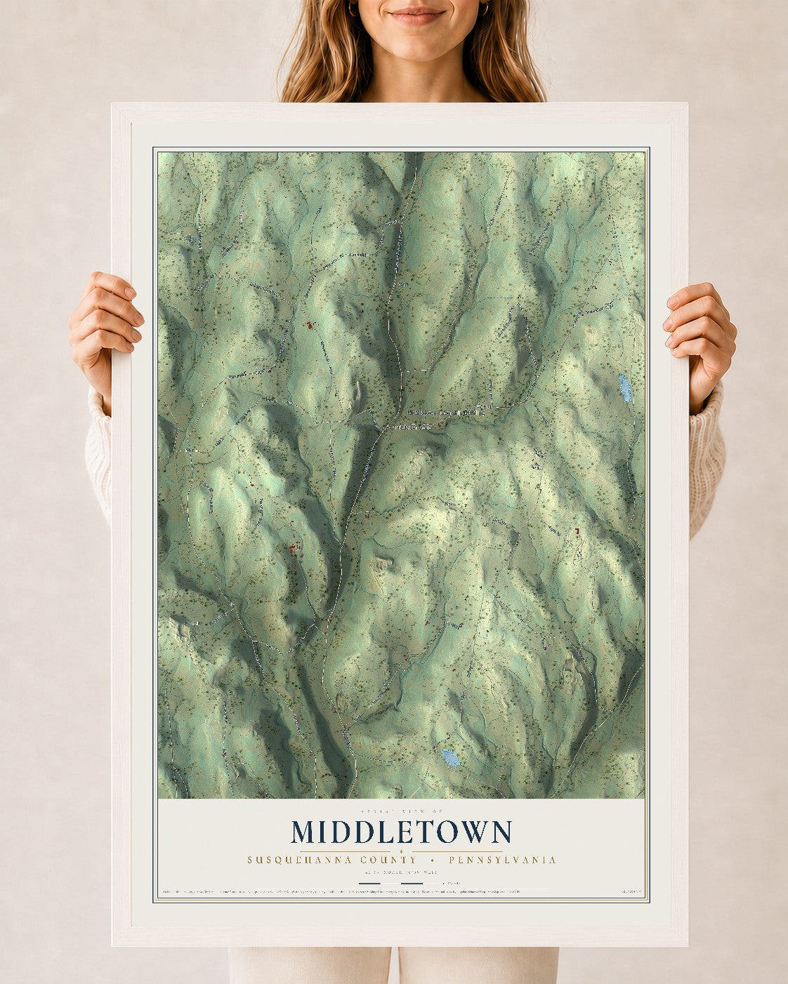 Map of Middletown, Susquehanna County, Pennsylvania, 24 x 36 inch print in a white wood frame