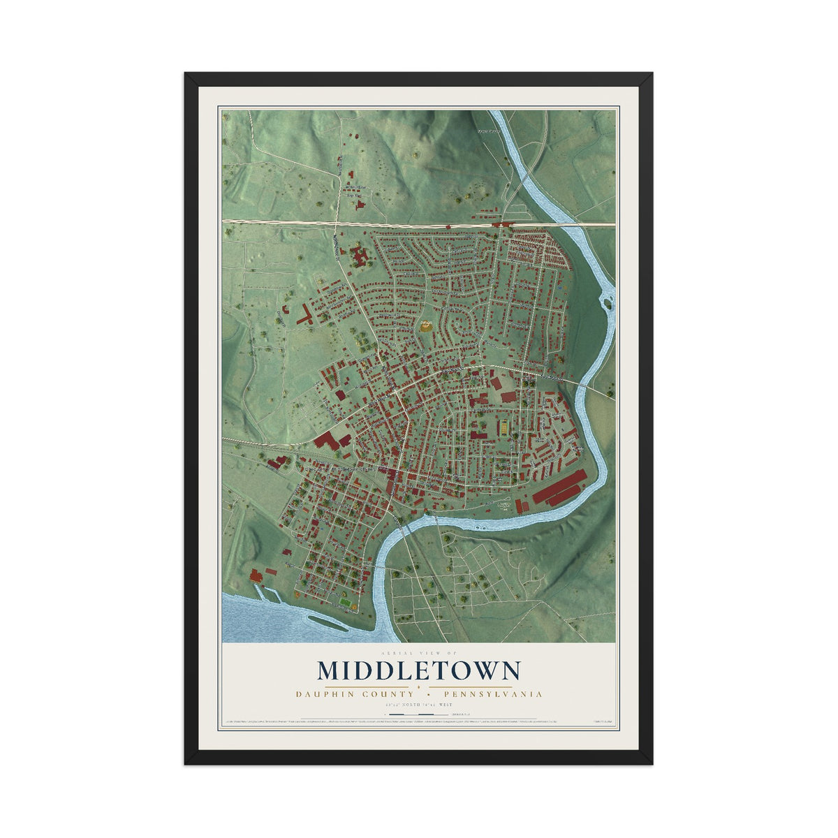 Map of Middletown, Dauphin County, Pennsylvania, 12 x 18 inch print in a black wood frame