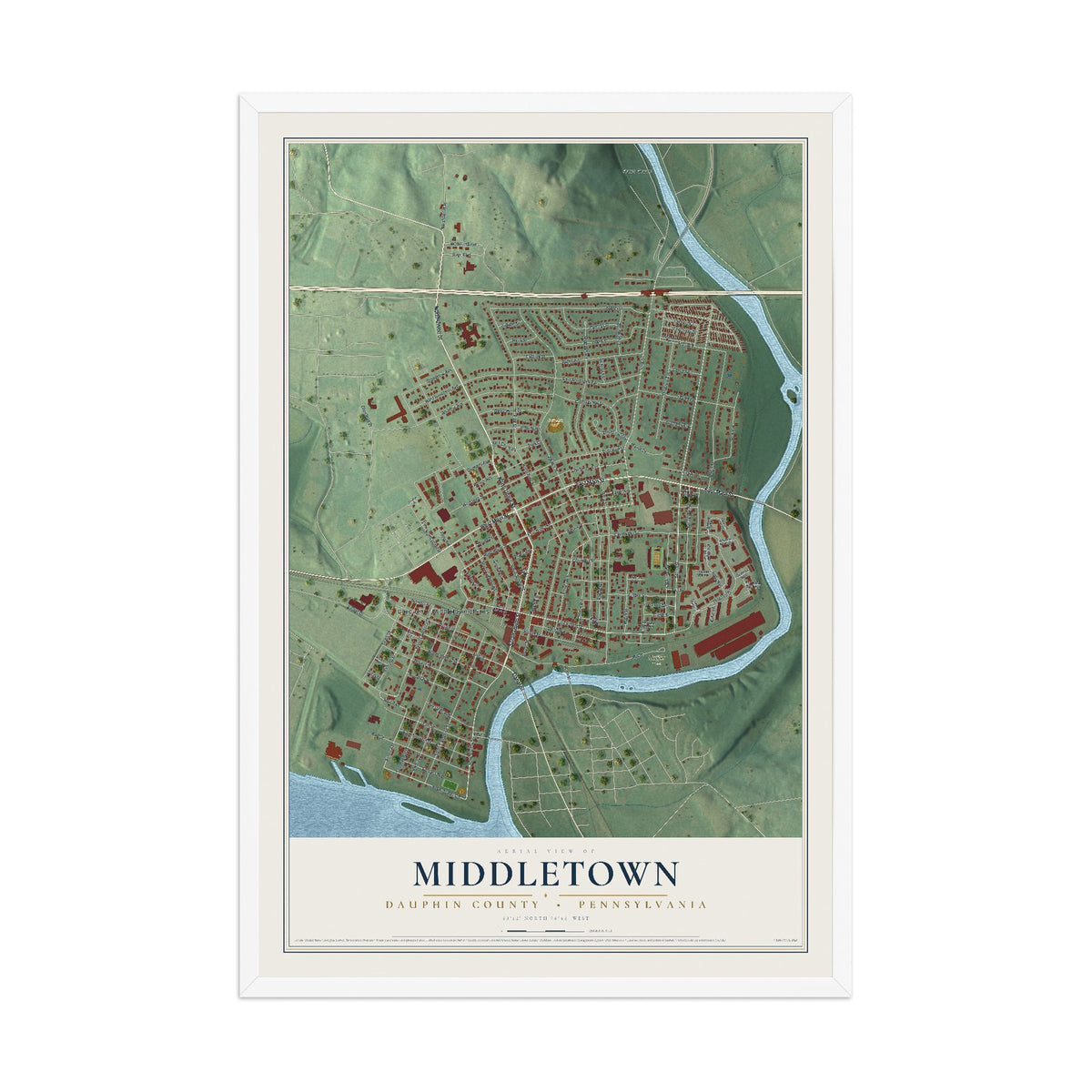 Map of Middletown, Dauphin County, Pennsylvania, 12 x 18 inch print in a white wood frame