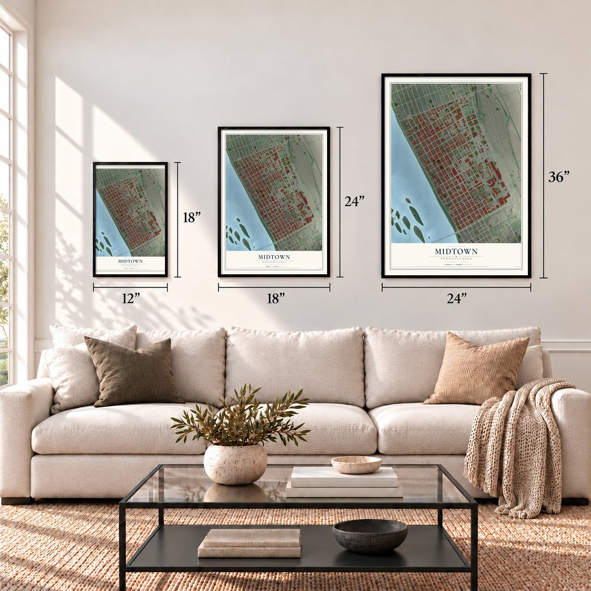 Midtown, Pennsylvania map in 12 x 18, 18 x 24 and 24 x 36 inch sizes above a sofa