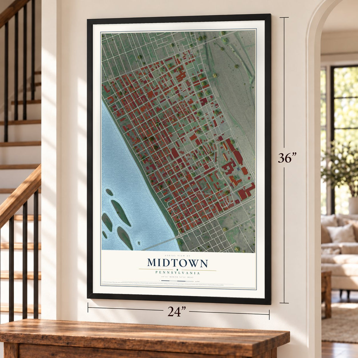Midtown, Pennsylvania map, 24 x 36 inch print in a black frame by a staircase