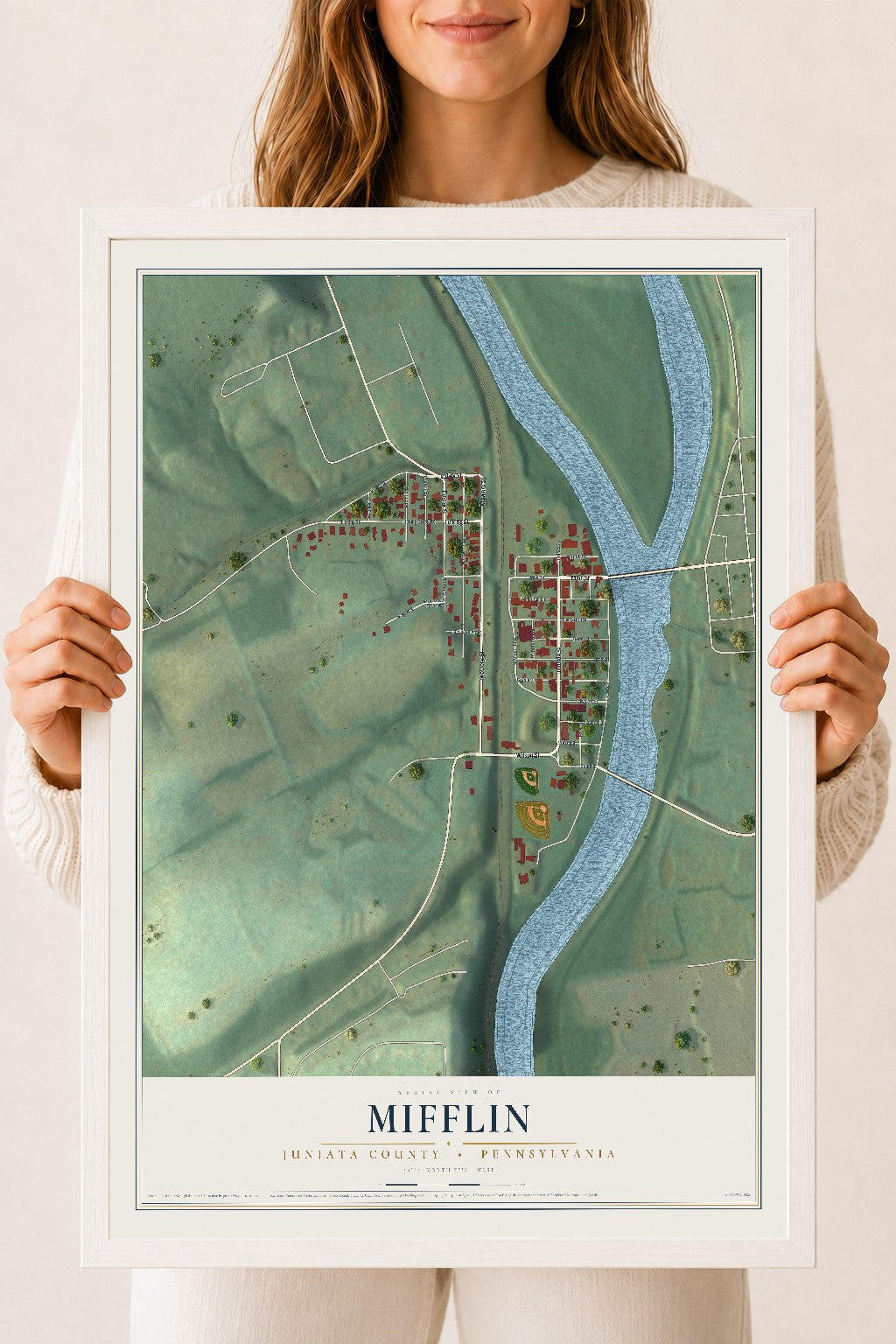 Map of Mifflin, Juniata County, Pennsylvania, 18 x 24 inch print in a white wood frame