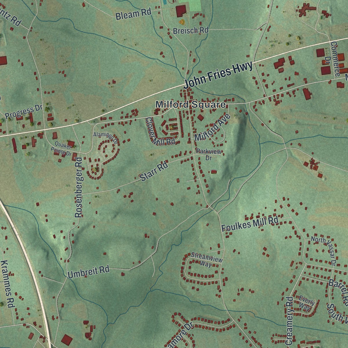 Close-up of the map of Milford, Bucks County, Pennsylvania print showing street and building detail