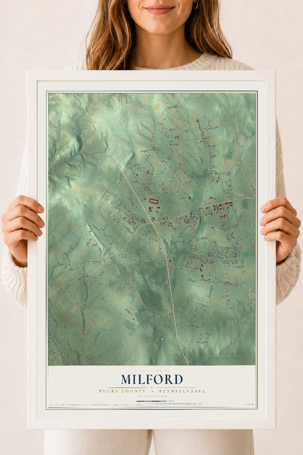 Map of Milford, Bucks County, Pennsylvania, 18 x 24 inch print in a white wood frame
