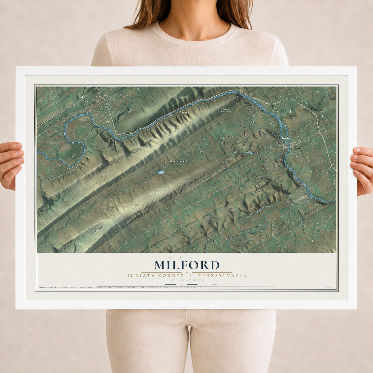 Map of Milford, Juniata County, Pennsylvania, 18 x 24 inch print in a white wood frame