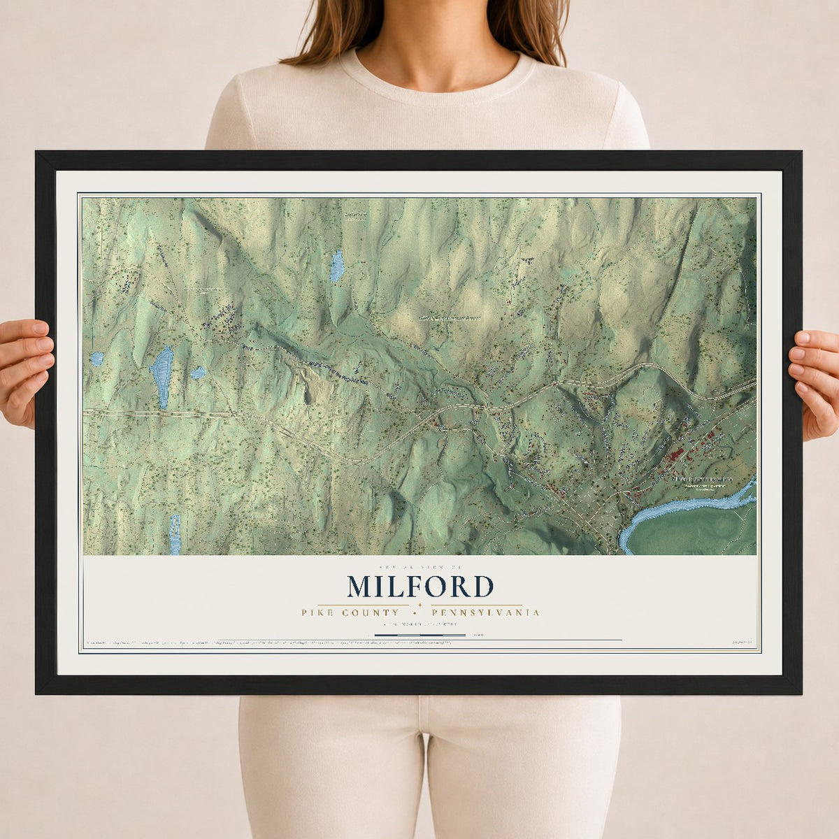 Map of Milford, Pike County, Pennsylvania, 18 x 24 inch print in a black wood frame