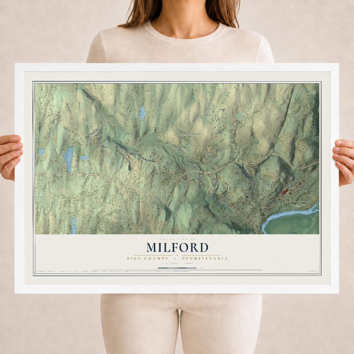 Map of Milford, Pike County, Pennsylvania, 18 x 24 inch print in a white wood frame