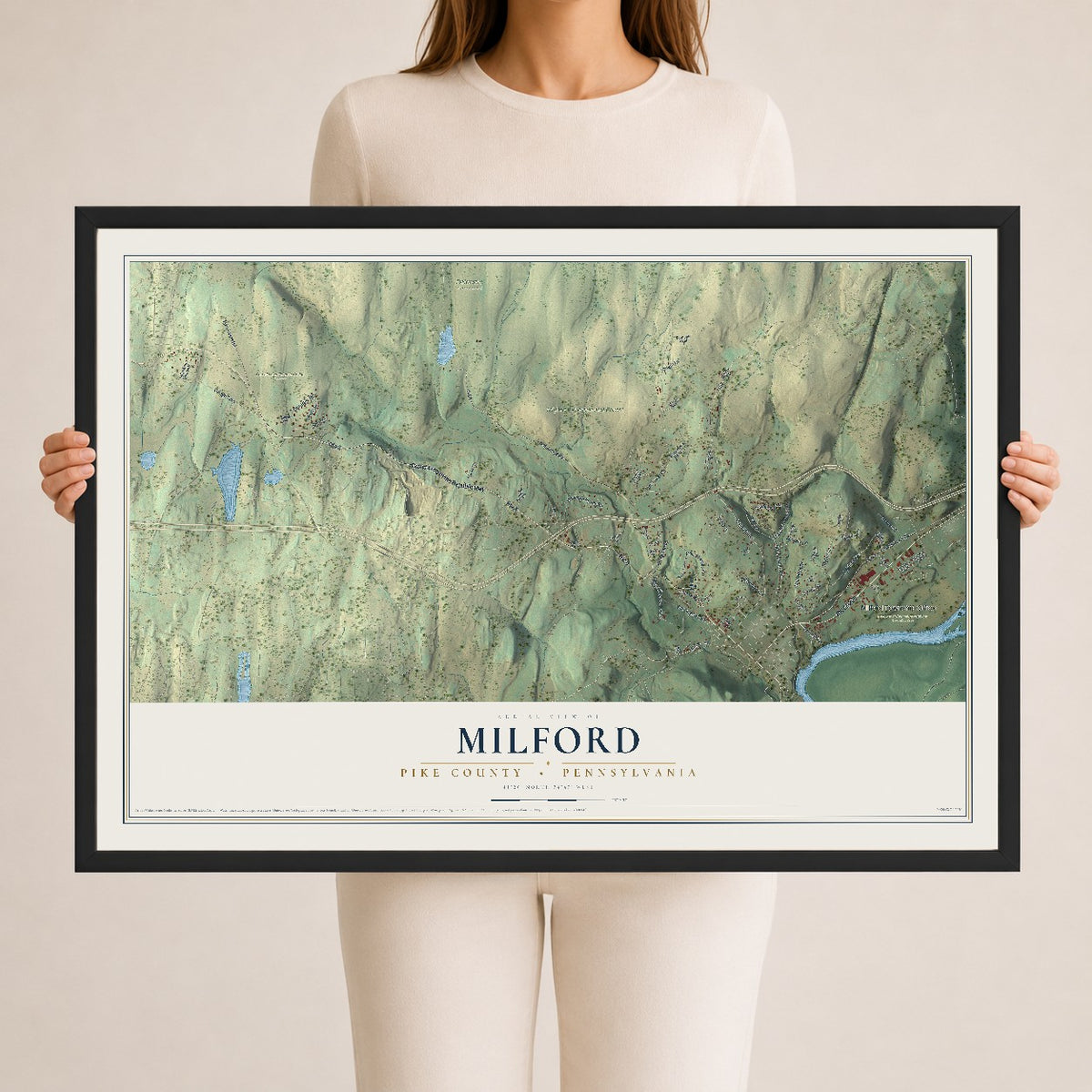 Map of Milford, Pike County, Pennsylvania, 24 x 36 inch print in a black wood frame