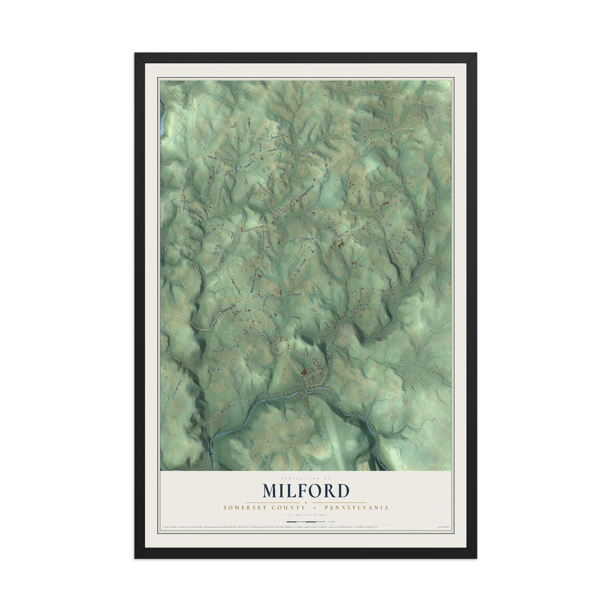 Map of Milford, Somerset County, Pennsylvania, 12 x 18 inch print in a black wood frame