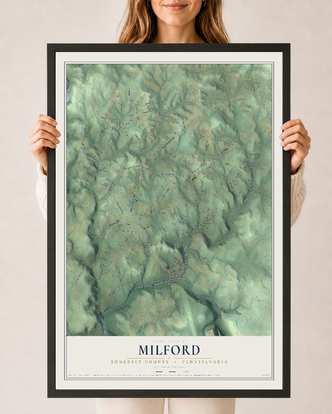 Map of Milford, Somerset County, Pennsylvania, 24 x 36 inch print in a black wood frame