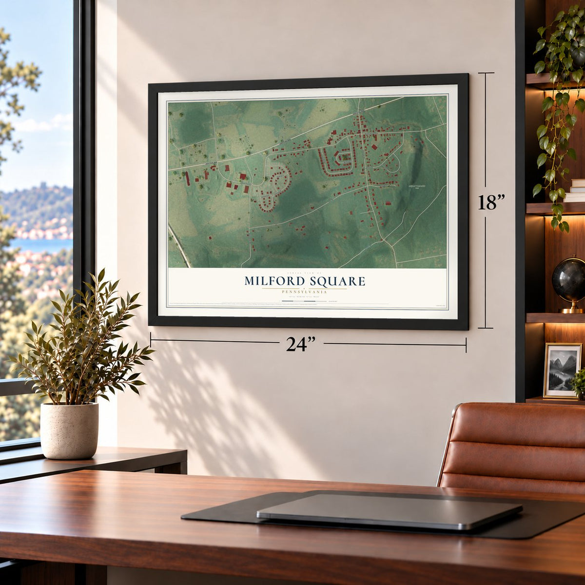 Milford Square, Pennsylvania map, 18 x 24 inch print in a black frame in a home office