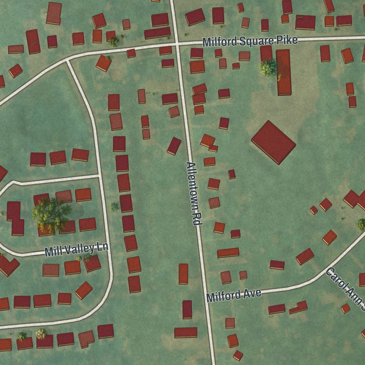 Close-up of the map of Milford Square, Pennsylvania print showing street and building detail
