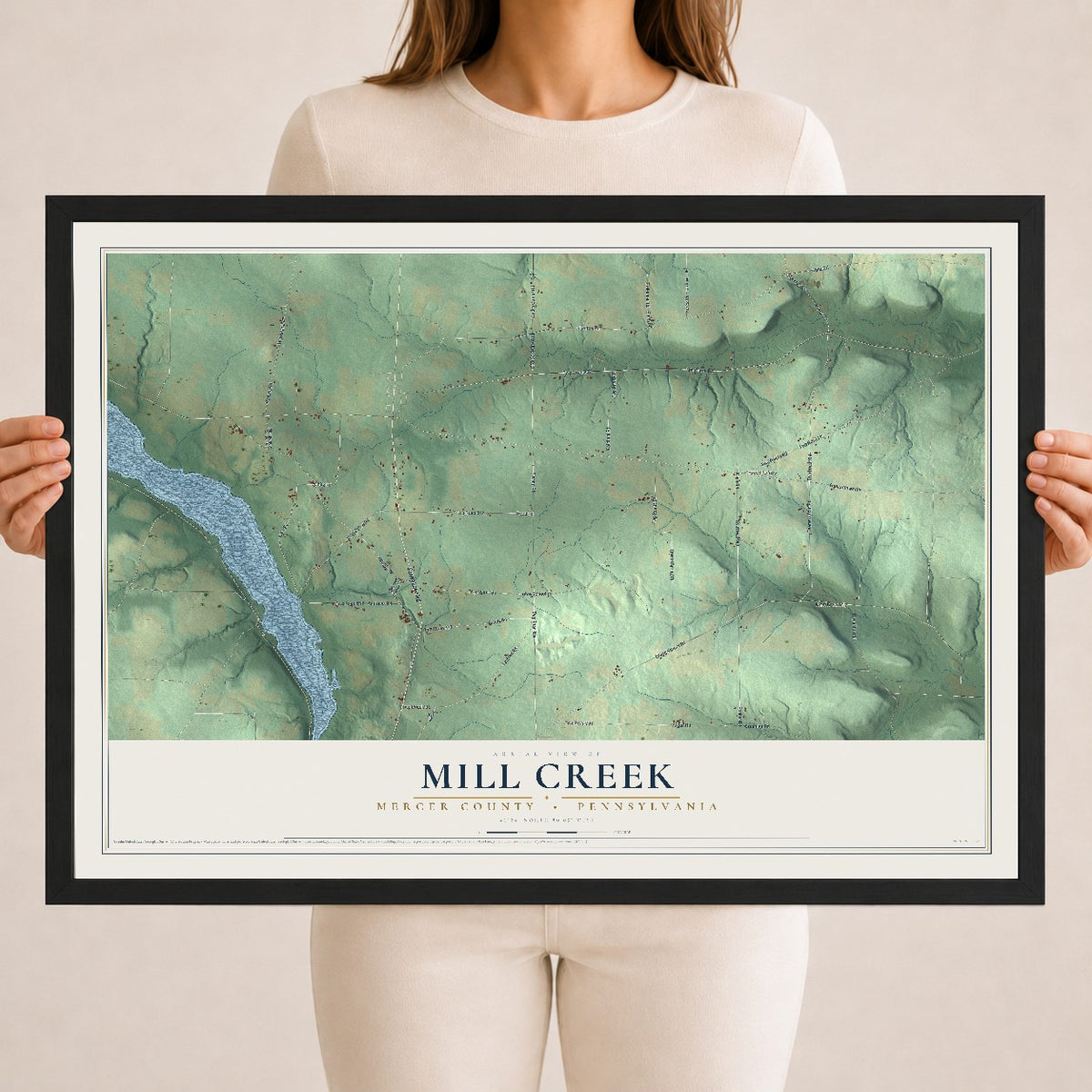 Map of Mill Creek, Mercer County, Pennsylvania, 18 x 24 inch print in a black wood frame