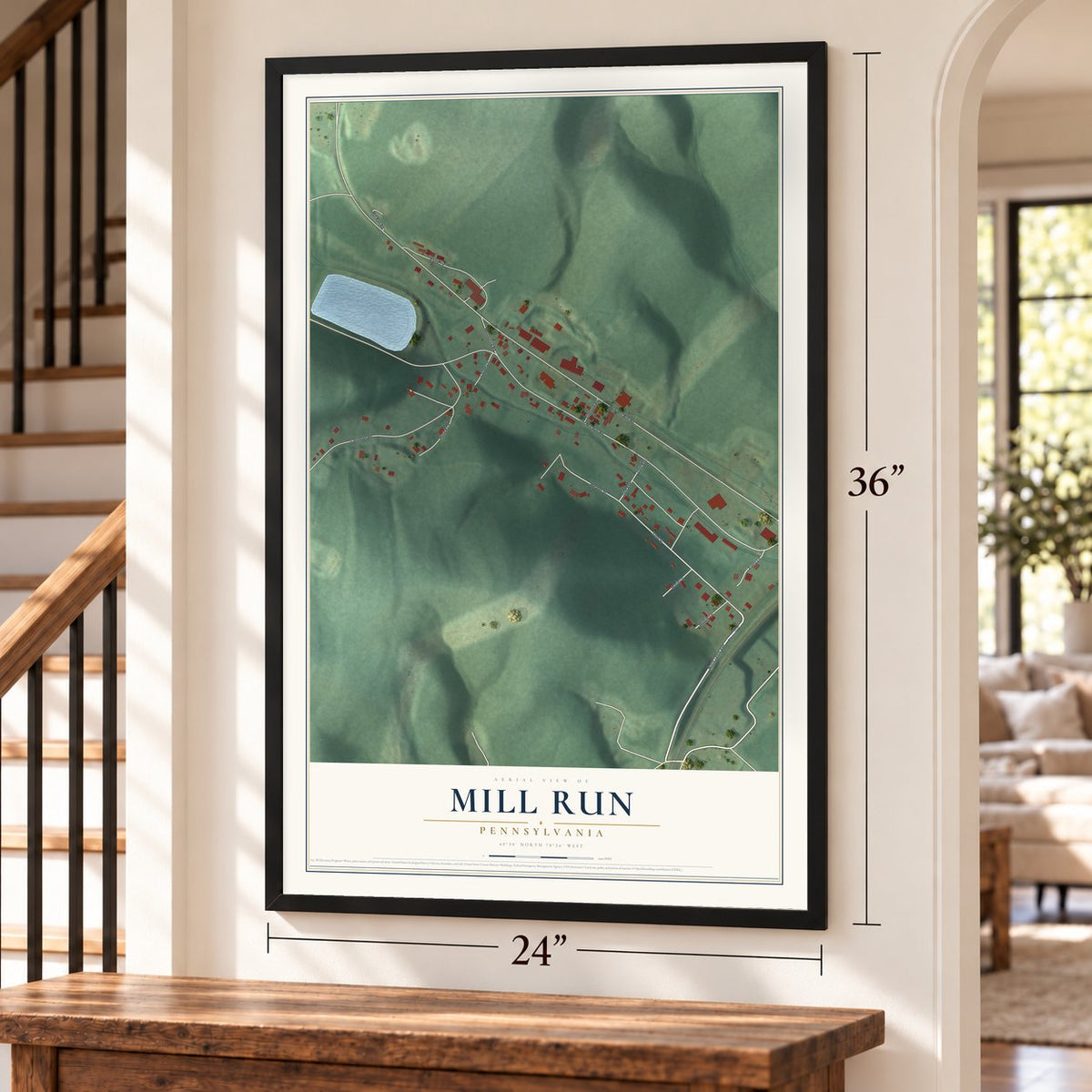 Mill Run, Pennsylvania map, 24 x 36 inch print in a black frame by a staircase