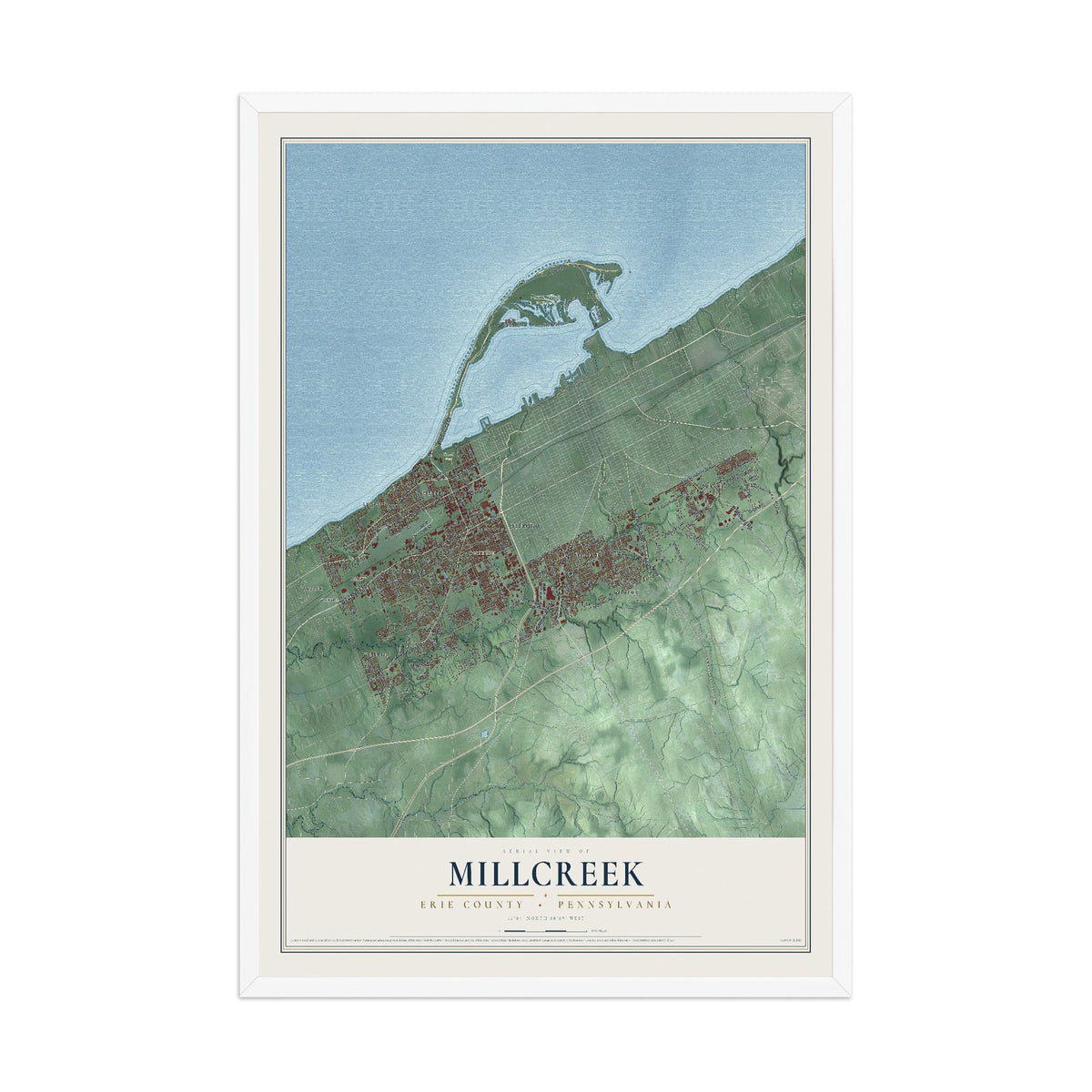 Map of Millcreek, Erie County, Pennsylvania, 12 x 18 inch print in a white wood frame