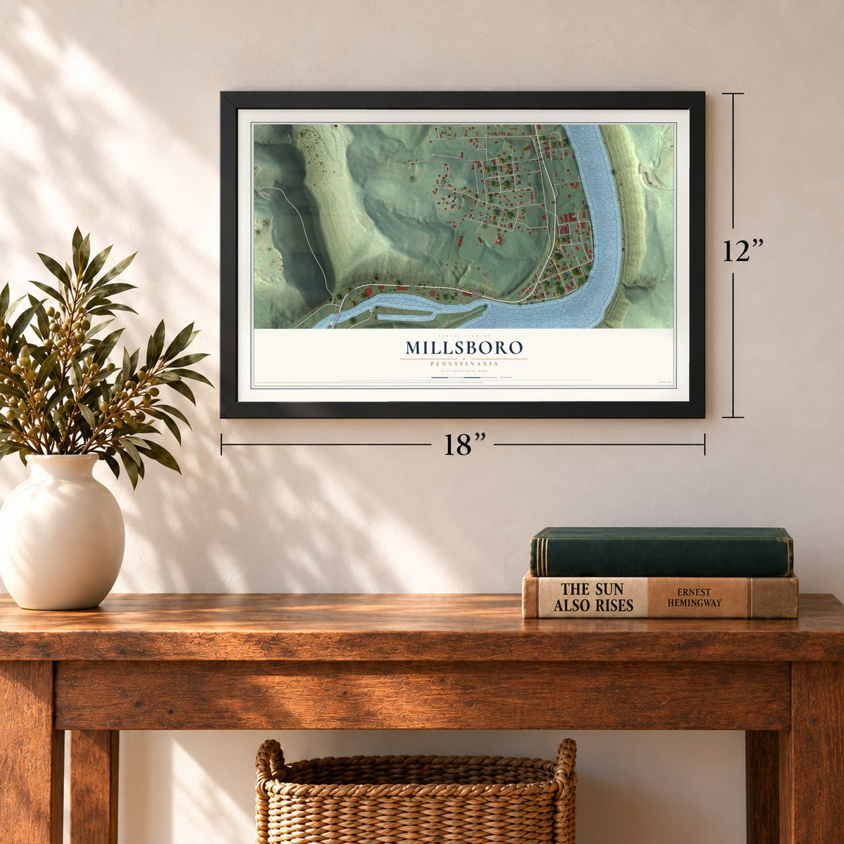 Millsboro, Pennsylvania map, 12 x 18 inch print in a black frame in an entryway