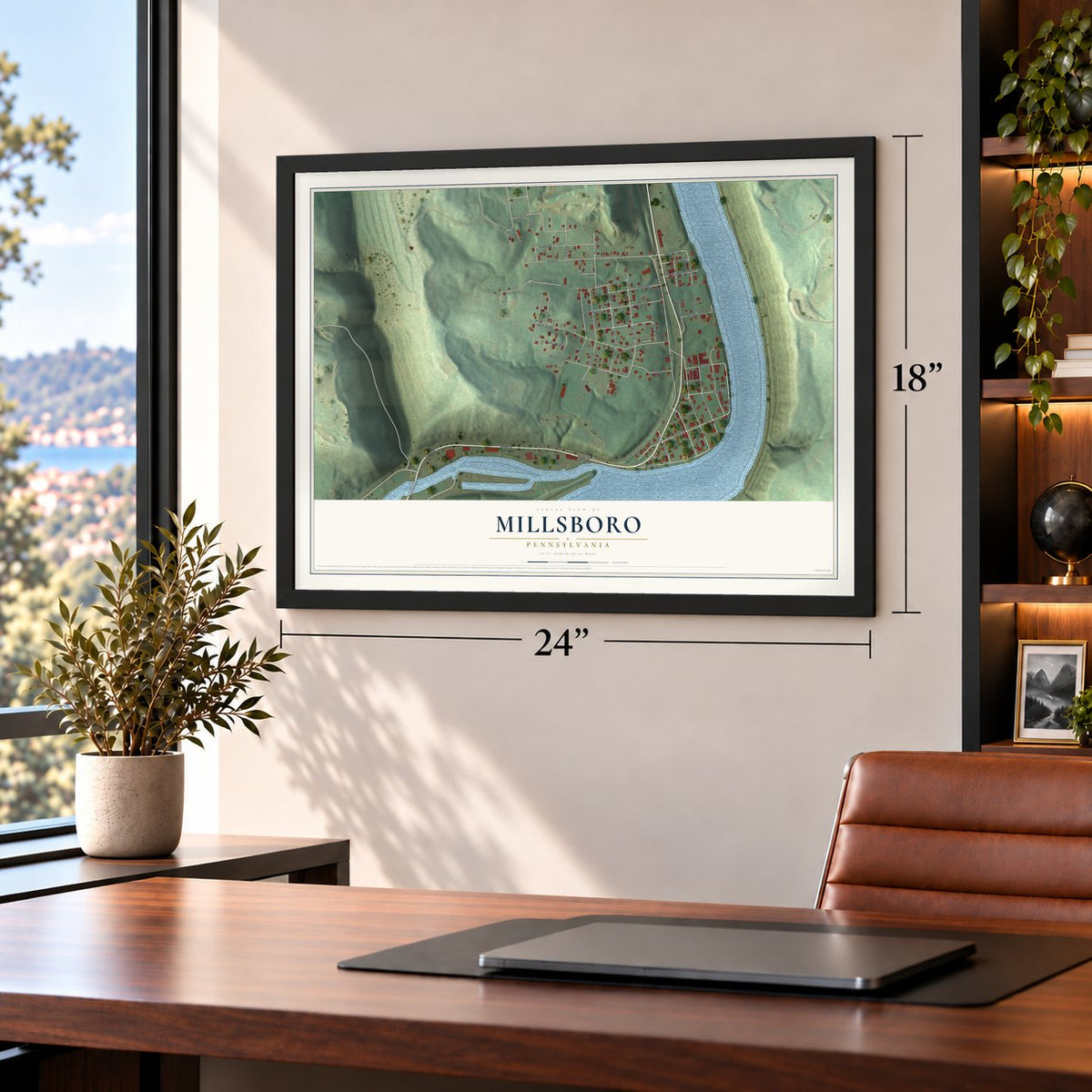 Millsboro, Pennsylvania map, 18 x 24 inch print in a black frame in a home office