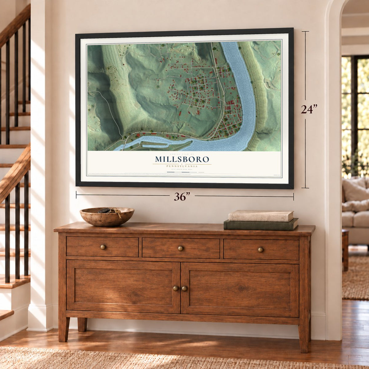 Millsboro, Pennsylvania map, 24 x 36 inch print in a black frame above a dresser by a staircase