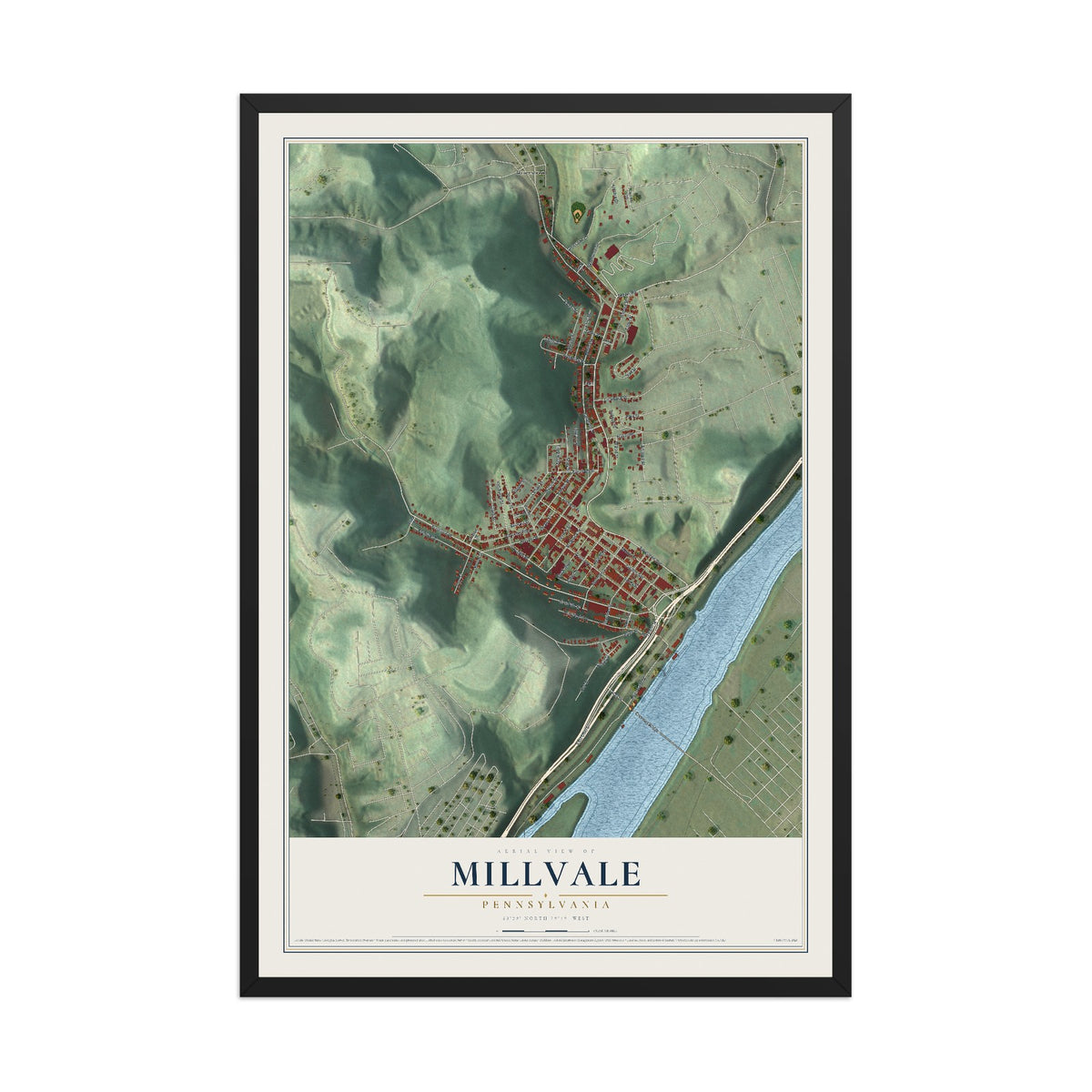 Map of Millvale, Pennsylvania, 12 x 18 inch print in a black wood frame