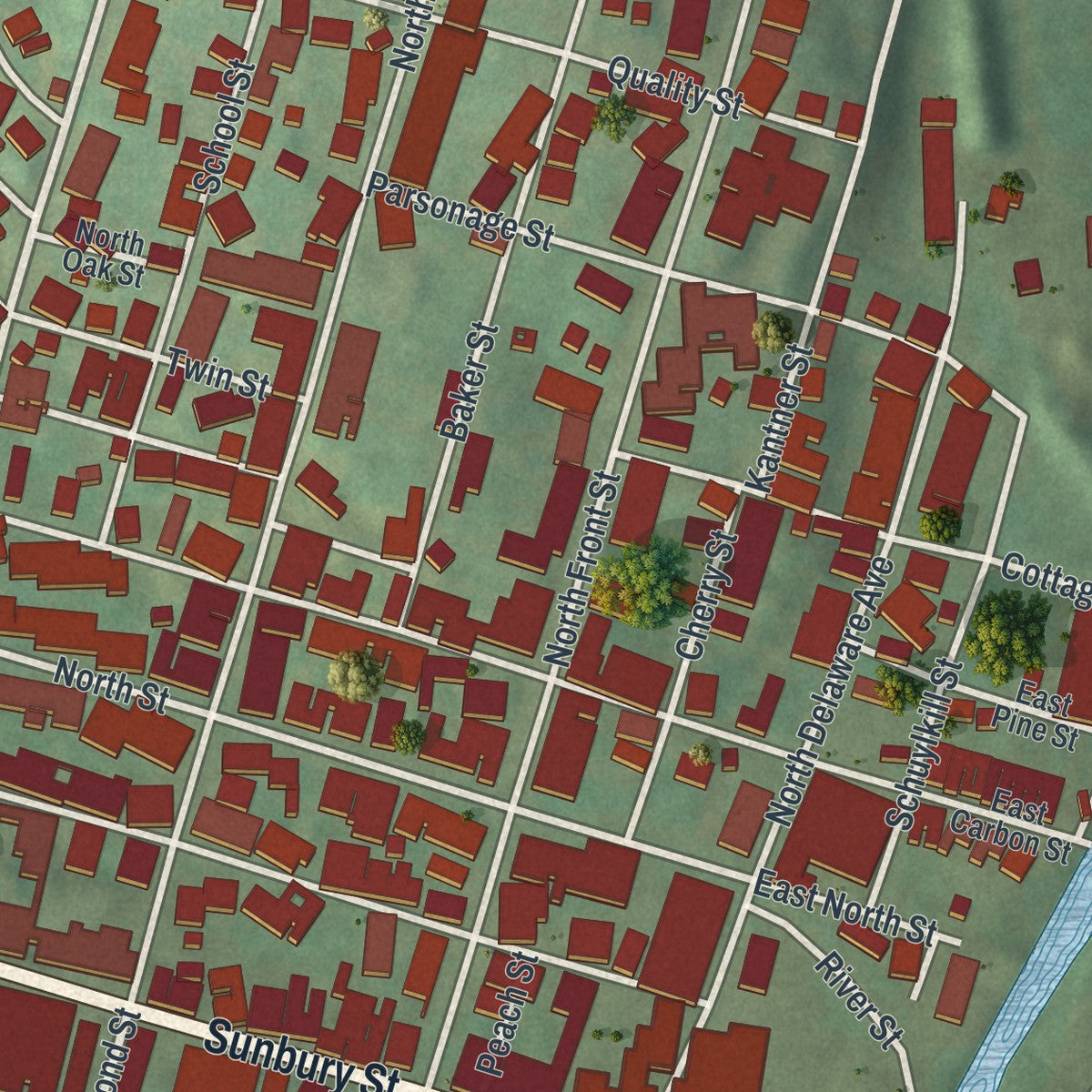 Close-up of the map of Minersville, Pennsylvania print showing street and building detail
