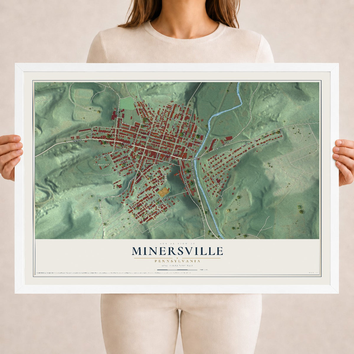Map of Minersville, Pennsylvania, 18 x 24 inch print in a white wood frame
