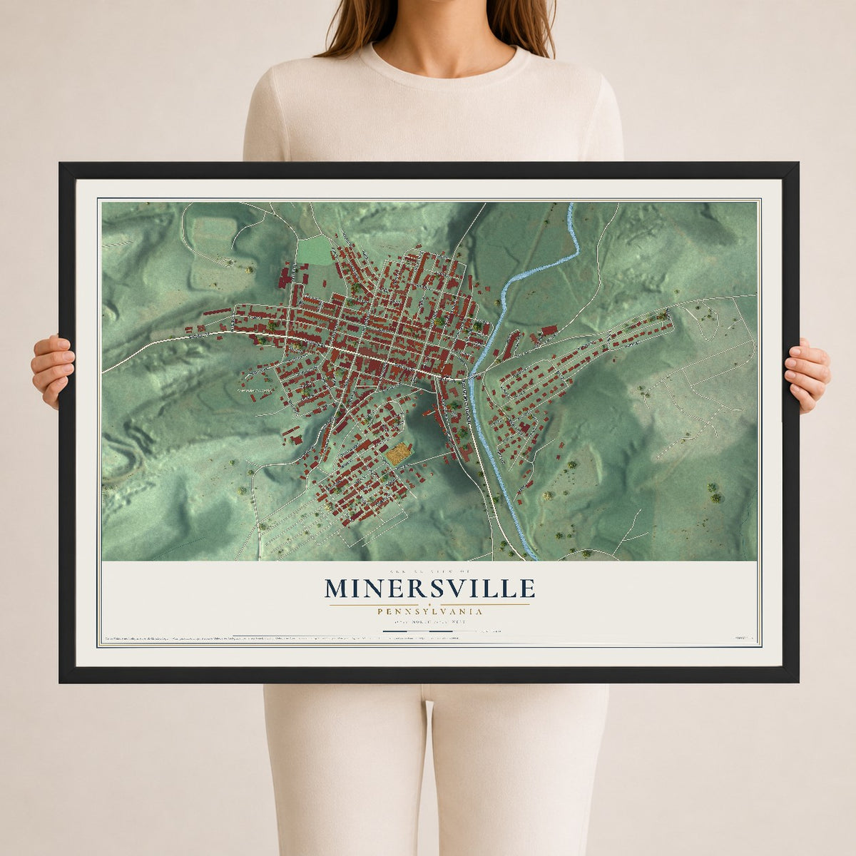 Map of Minersville, Pennsylvania, 24 x 36 inch print in a black wood frame