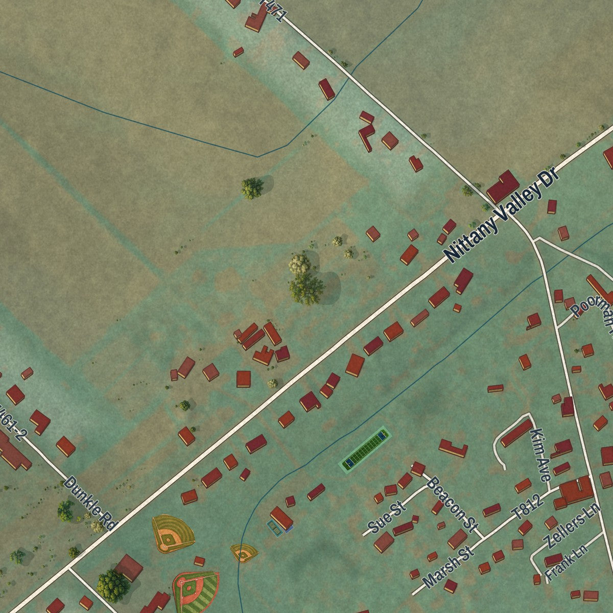 Close-up of the map of Mingoville, Pennsylvania print showing street and building detail