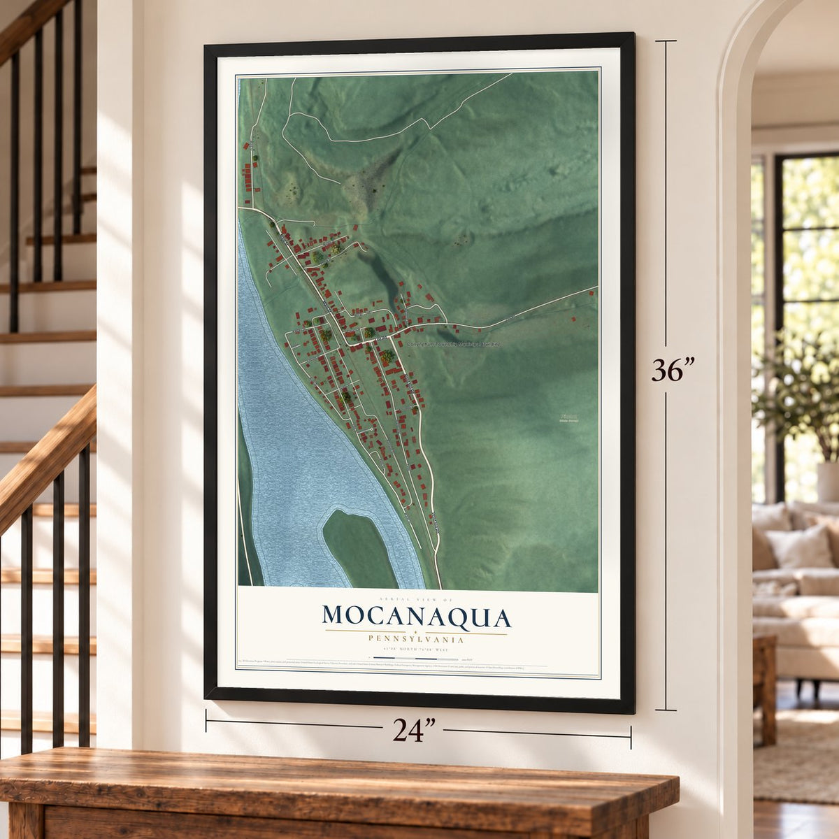 Mocanaqua, Pennsylvania map, 24 x 36 inch print in a black frame by a staircase