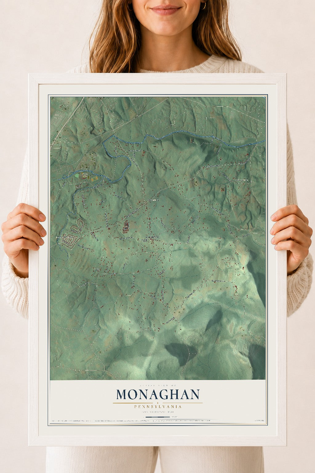 Map of Monaghan, Pennsylvania, 18 x 24 inch print in a white wood frame