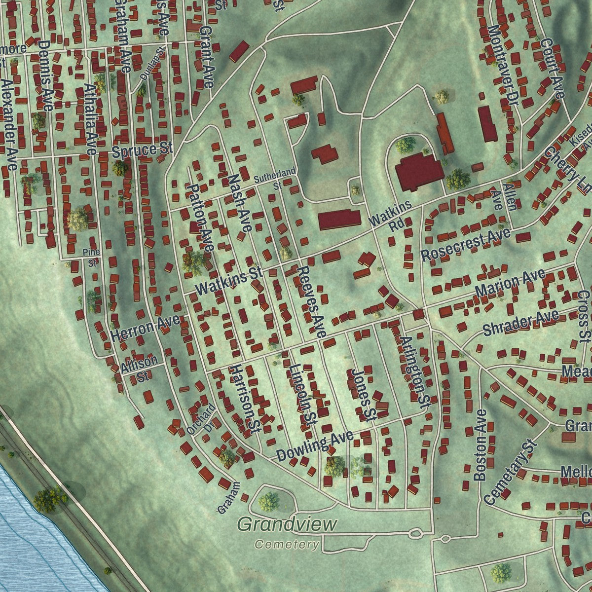 Close-up of the map of Monessen, Pennsylvania print showing street and building detail