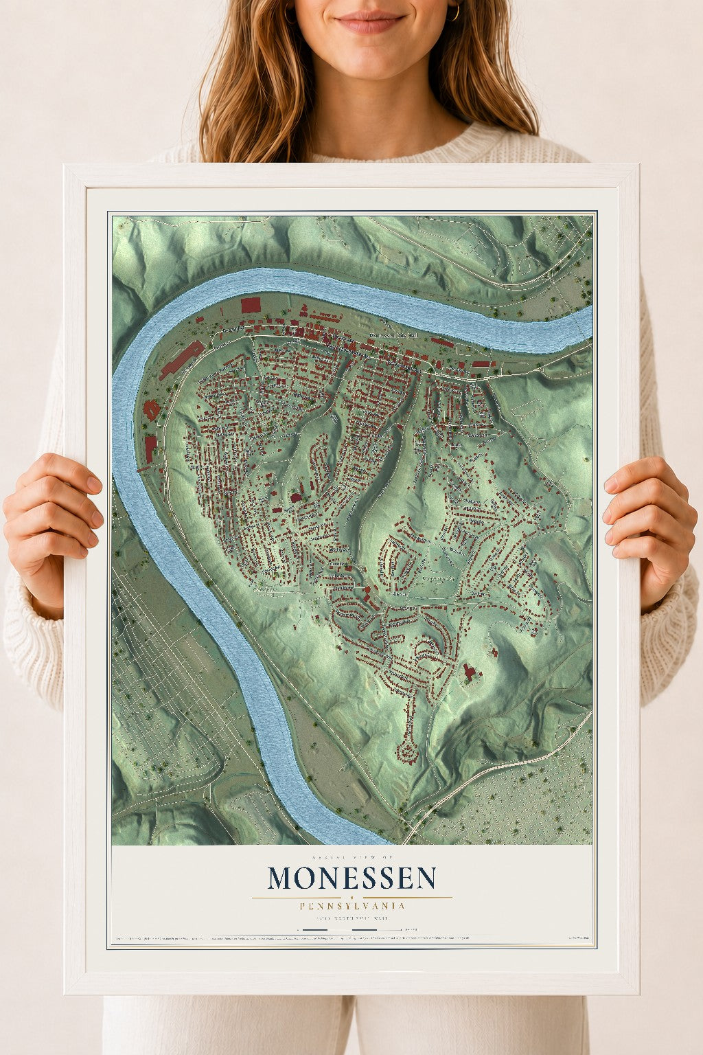 Map of Monessen, Pennsylvania, 18 x 24 inch print in a white wood frame